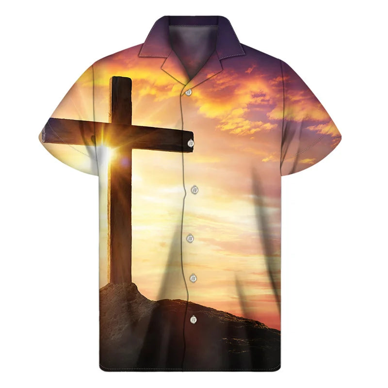 Christian Cross Religious 3D Print Hawaiian Shirts Men Summer Jesus Lapel Button Shirt Fashion Loose Short Sleeves Tops Blouse