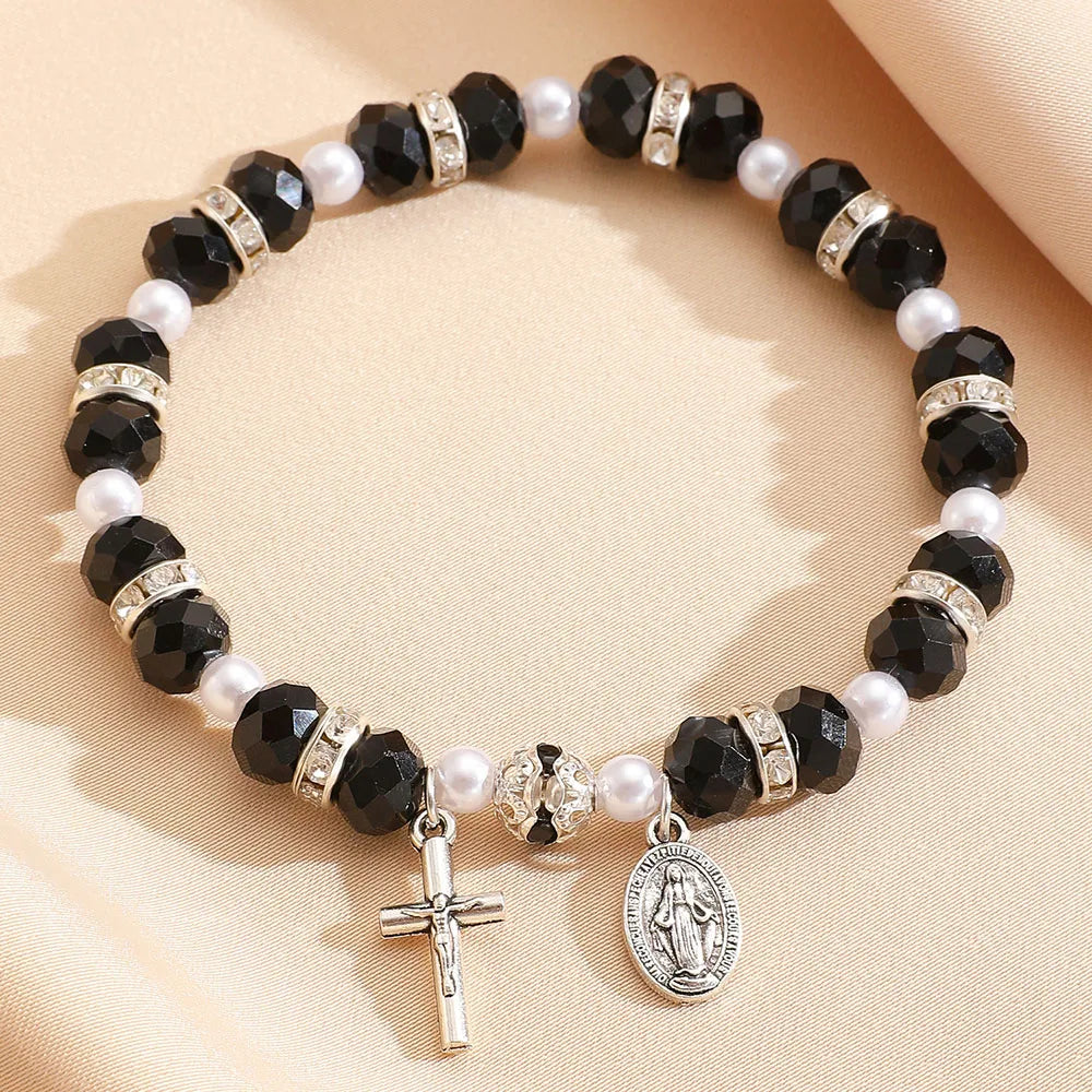 Christian Crystal Pearl Bracelet Jesus Cross Virgin Mary Pendant Religious Jewelry for Women Boho Y2K Prayer Wrist Jewelry Gift
