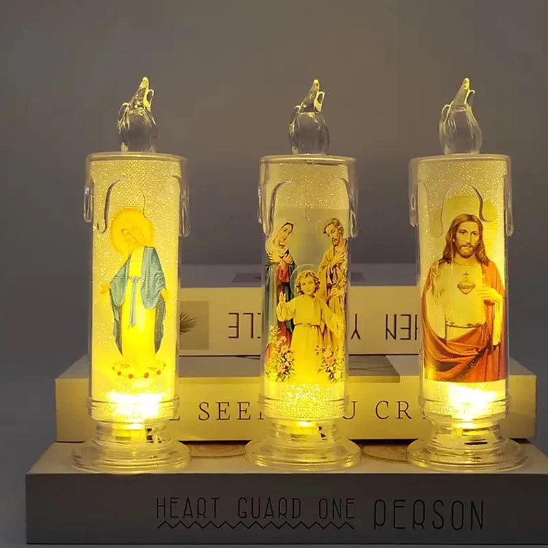 Flameless LED Prayer Candle with Jesus & Virgin Mary - Decorative Religious Night Light for Home Altar or Gift