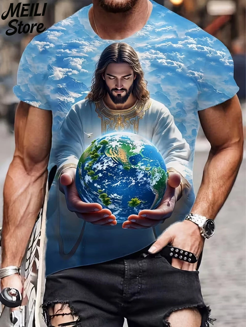 Men's 3D Jesus Print T-Shirt Short Sleeve Casual Crew Neck Praying Hands Design T Shirt for Men New in Oversized Tee Shirt Tops