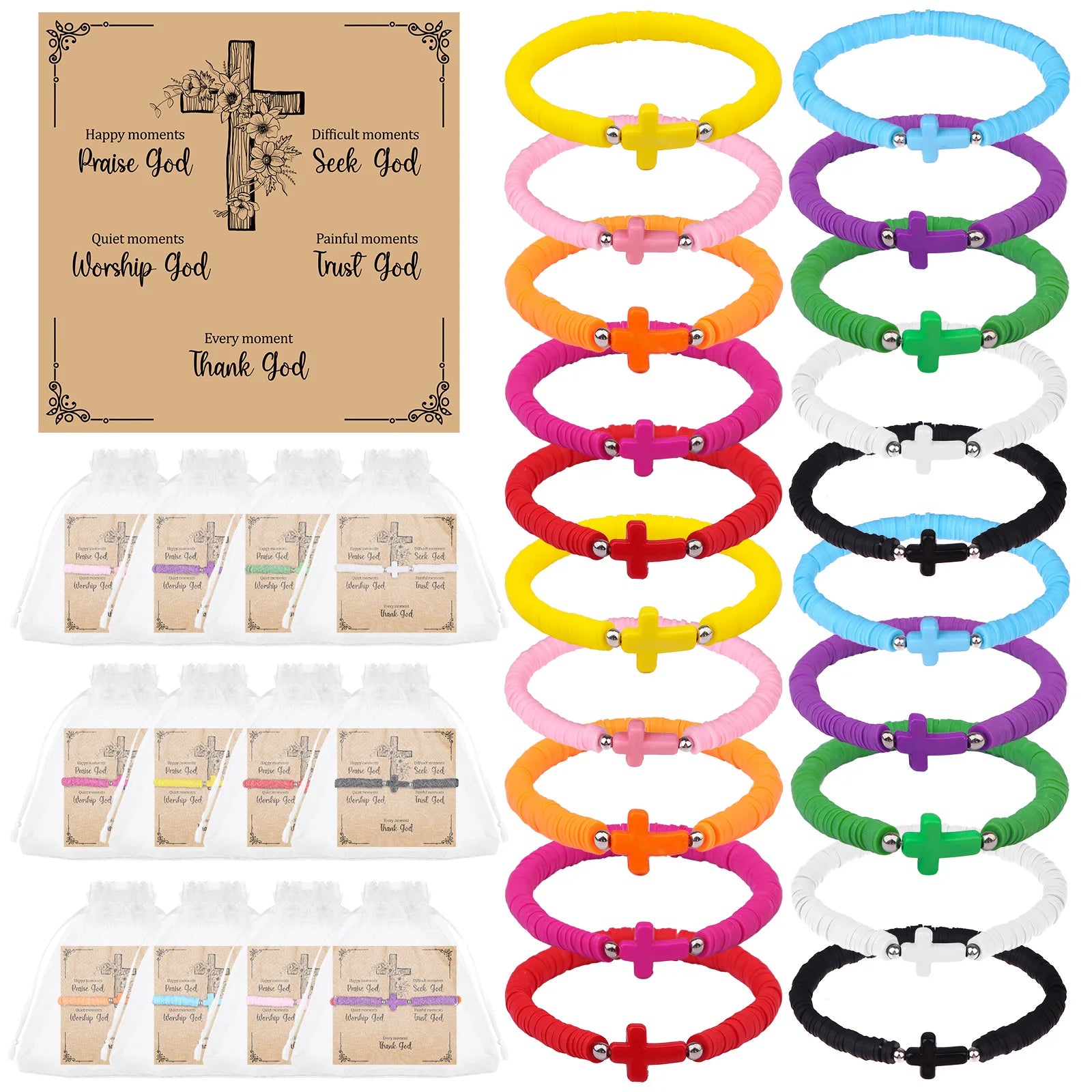 20 Sets Christian Gifts for Women Wen Cross Bracelets Bulk Jesus Friendship Bracelets with Cards Elastic Polymer Clay Beaded
