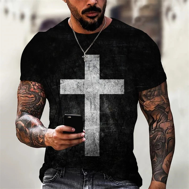 3D Print Christian T Shirts Oversized Tee Shirt Gothic Jesus Christ Cross O-Neck Tops Vintage Hip Hop Short Sleeve Men Clothing