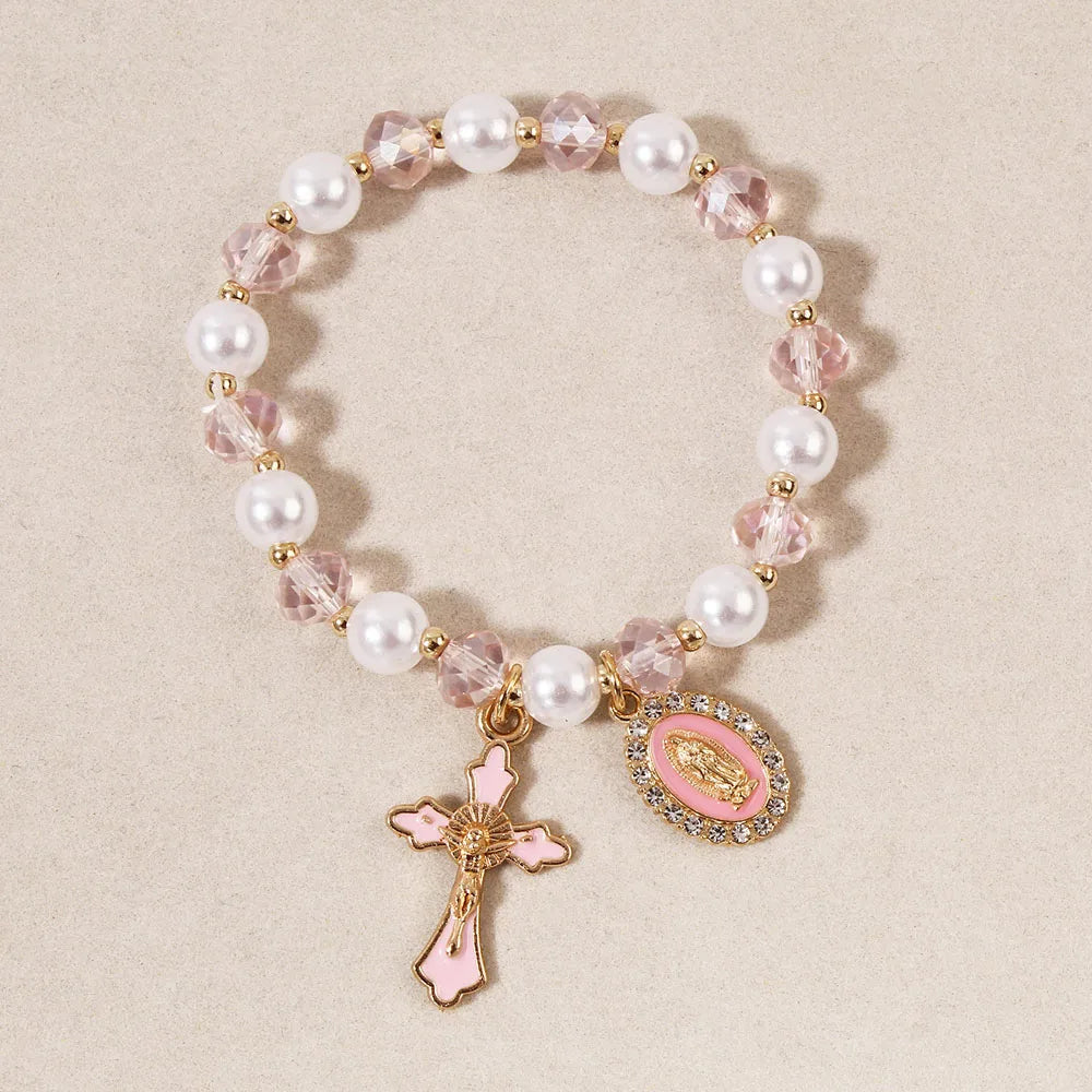 Christian Crystal Pearl Bracelet Jesus Cross Virgin Mary Pendant Religious Jewelry for Women Boho Y2K Prayer Wrist Jewelry Gift