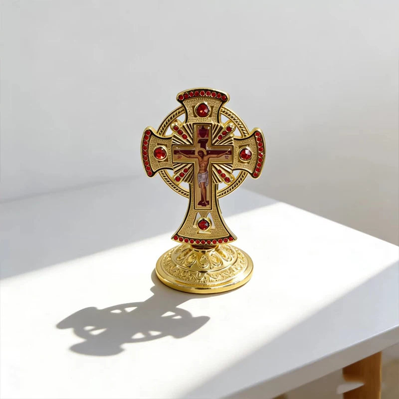Exquisite Red Crystal Inlaid Gold Orthodox Desktop Cross Standing Crucifix for Christian Devotion Home Decor and Faith Collectio