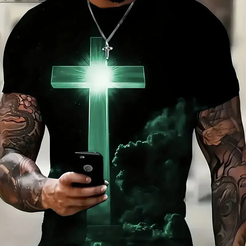 Cross Jesus 3D Printed Men's T-Shirt Vintage Harajuku Street Tops Tee Breathable Oversized Sports T Shirt Casual Men Clothing