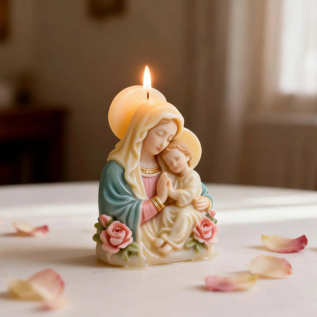 Virgin Mary Baby Jesus Silicone Mold 3D Religious Candle Soap Resin Mold Rose Accents Sacred Heart Easter Christmas Home Decor