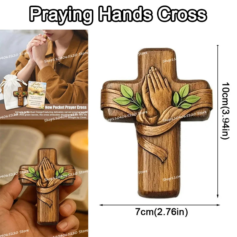 Mini Wooden Praying Hands Cross Table Ornament Christian Religious Decoration Home Room Figurines Children Adults Festival Gifts