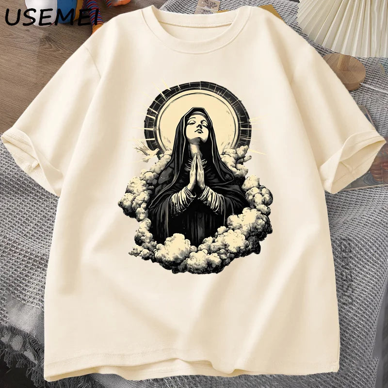 Christian T Shirt Virgin Mary Graphic Tshirt Faith Unisex Tee Christmas or Easter T-shirt Tee Shirt Cotton Short Sleeve Clothes