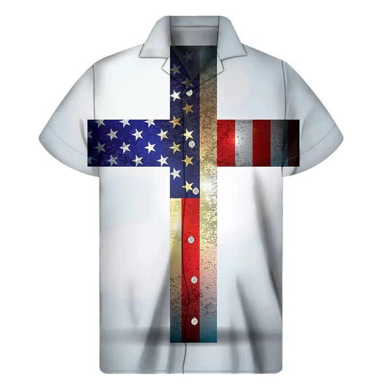 Christian Cross Religious 3D Print Hawaiian Shirts Men Summer Jesus Lapel Button Shirt Fashion Loose Short Sleeves Tops Blouse