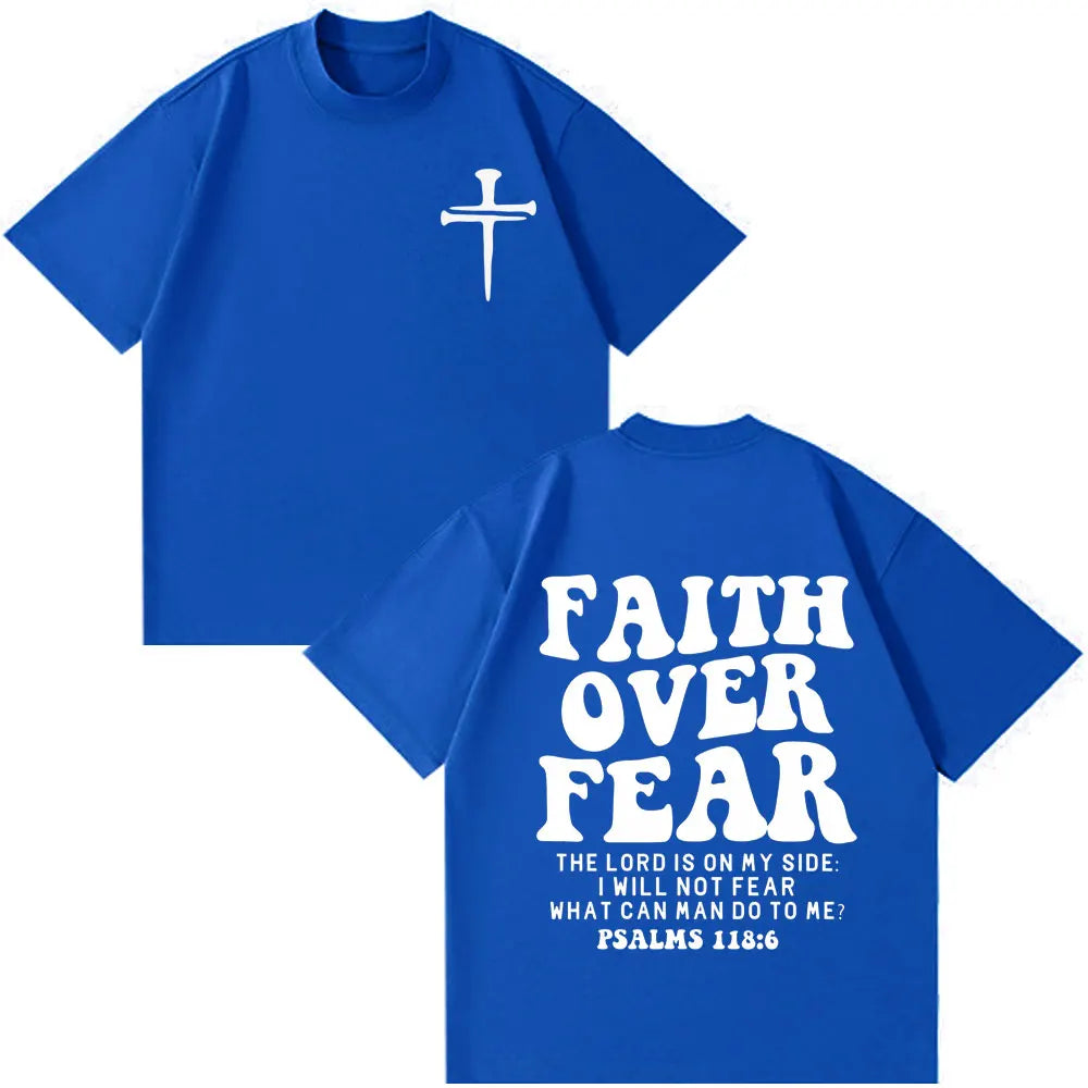Faith Over Fear Christian Minimalist Cross Bible Verse Graphic T-Shirt Men Women Vintage T-shirt Loose Casual Oversized T-shirts