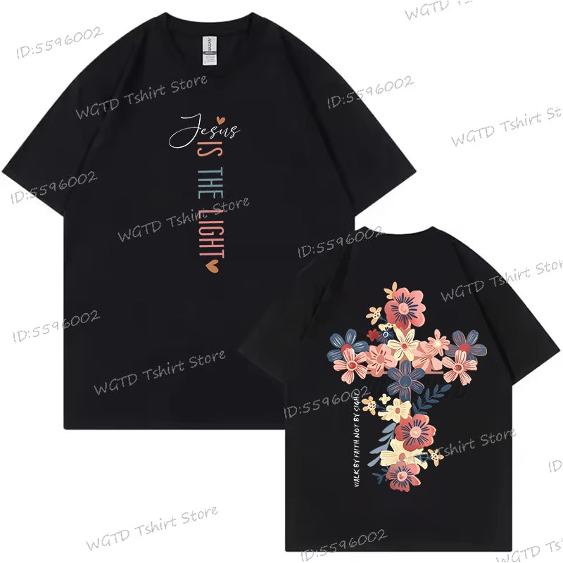Jesus Is The Light Christian T Shirt Inspirational Floral Cross Vintage T Shirts Women Gift for Christian Religious T Shirts