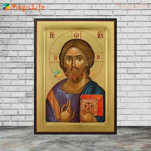 Christ Blessing Icon Orthodox Pantocrator Wall Art Unframed Canvas Painting for Church Room Decor