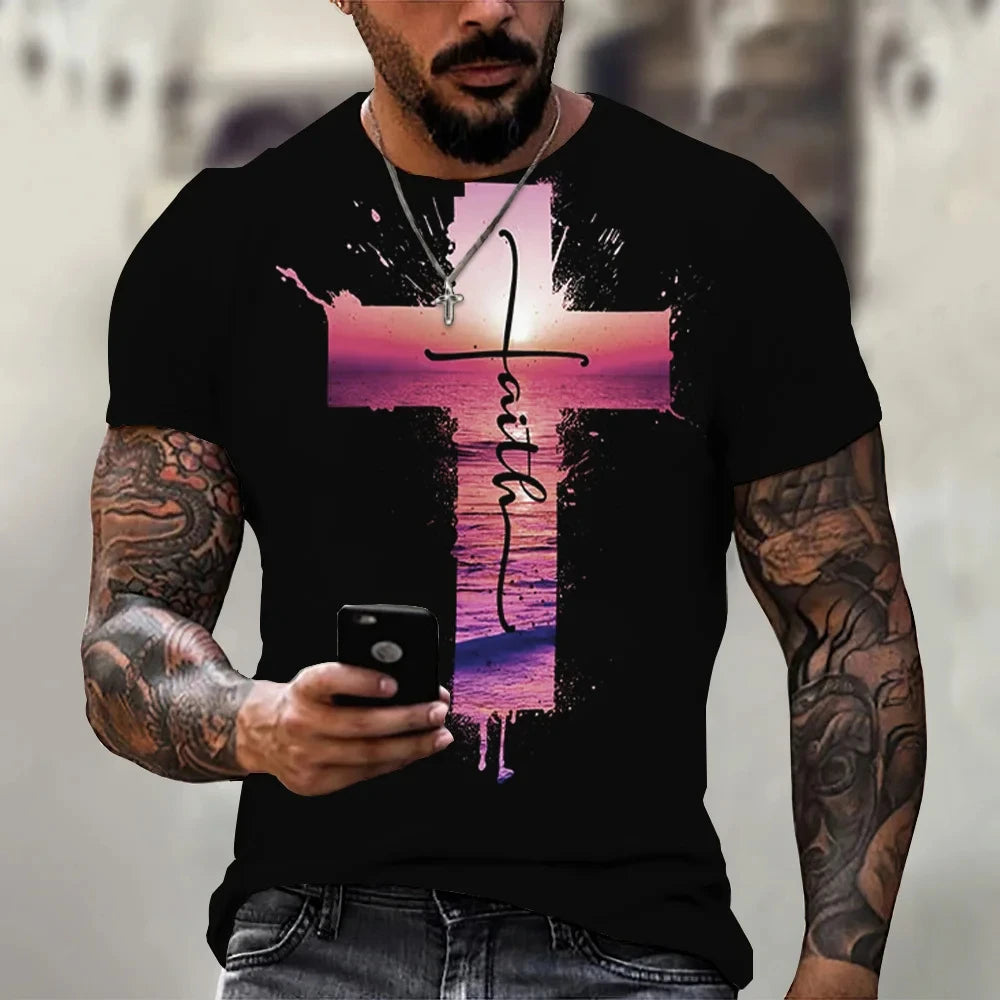 Christian T Shirts Oversized Tee Shirt Gothic Jesus Christ Cross 3D Print O-Neck Tops Vintage Hip Hop Short Sleeve Men Clothing