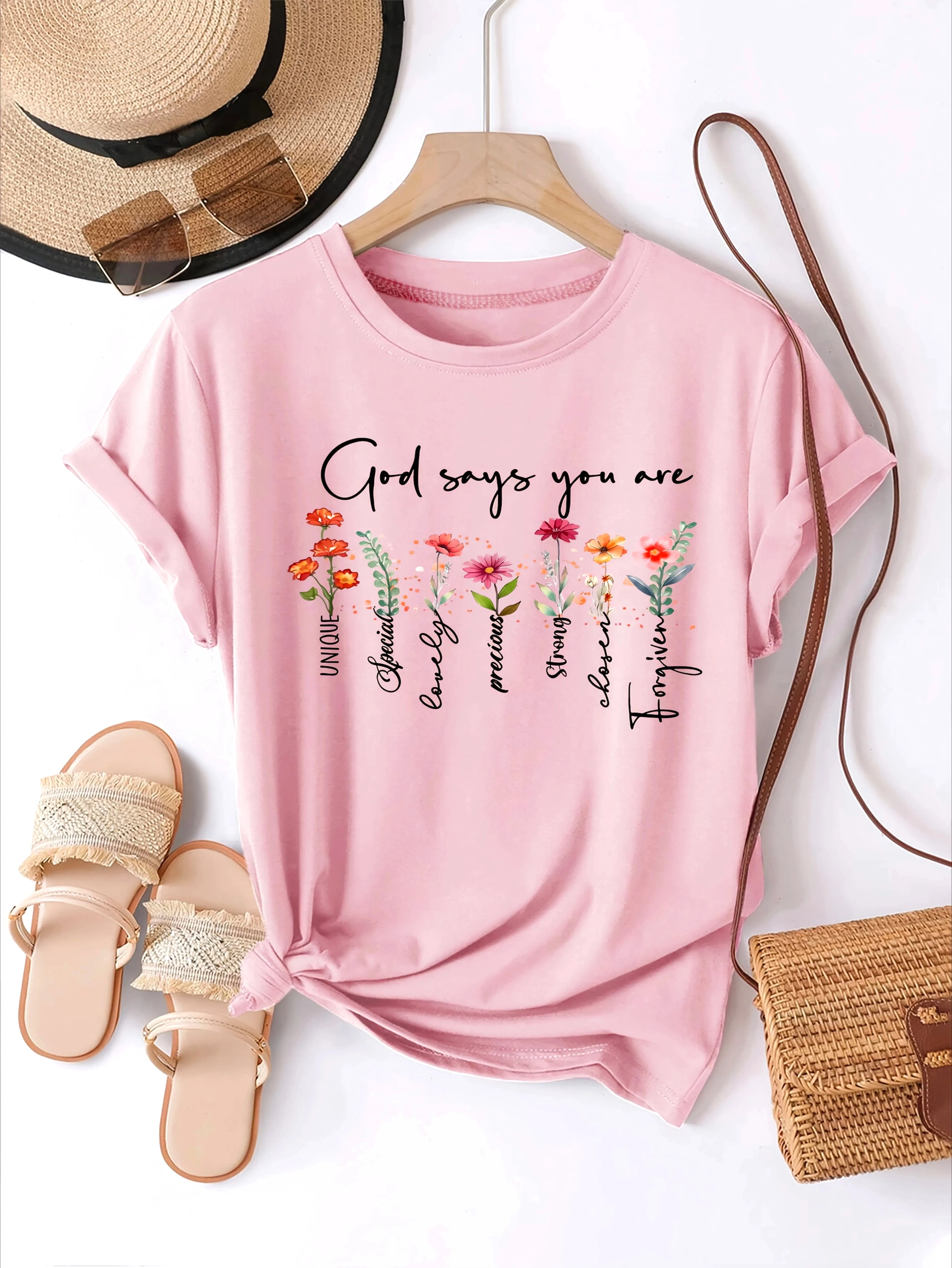 Christian Inspired Floral Print Women'S T-Shirt God Says You Arew Vibrant Flowers Casual Crew Neck Sleeve Comfort Wear Clothing