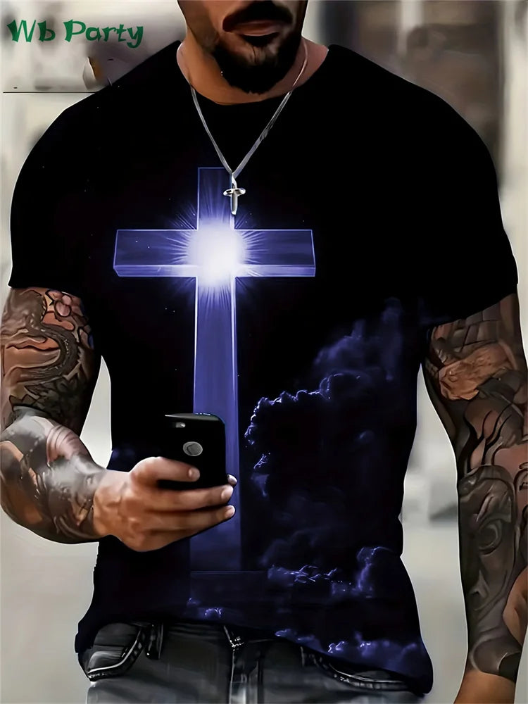Fashion Crucifix Print Mens Clothing Round Neck T-shirts for Men Casual Loose Men's Clothing Street Crucifix Graphic T shirts