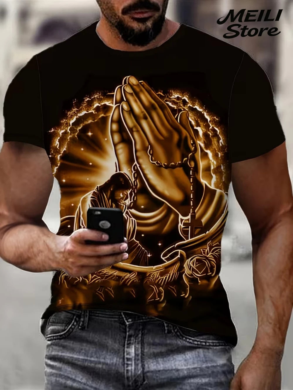 Men's 3D Jesus Print T-Shirt Short Sleeve Casual Crew Neck Praying Hands Design T Shirt for Men New in Oversized Tee Shirt Tops