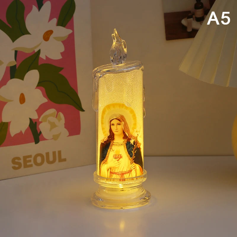 Flameless LED Prayer Candle with Jesus & Virgin Mary - Decorative Religious Night Light for Home Altar or Gift