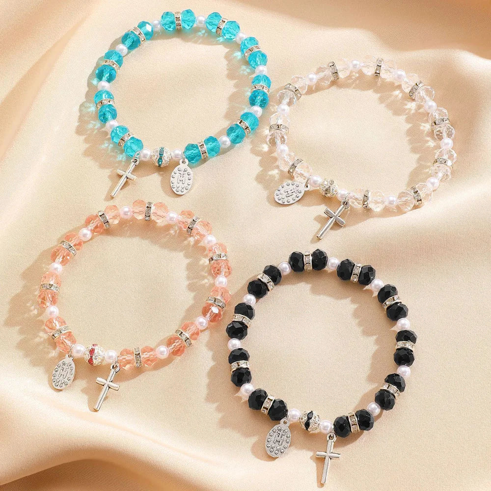 Christian Crystal Pearl Bracelet Jesus Cross Virgin Mary Pendant Religious Jewelry for Women Boho Y2K Prayer Wrist Jewelry Gift
