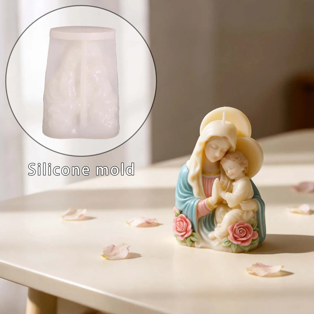 Virgin Mary Baby Jesus Silicone Mold 3D Religious Candle Soap Resin Mold Rose Accents Sacred Heart Easter Christmas Home Decor