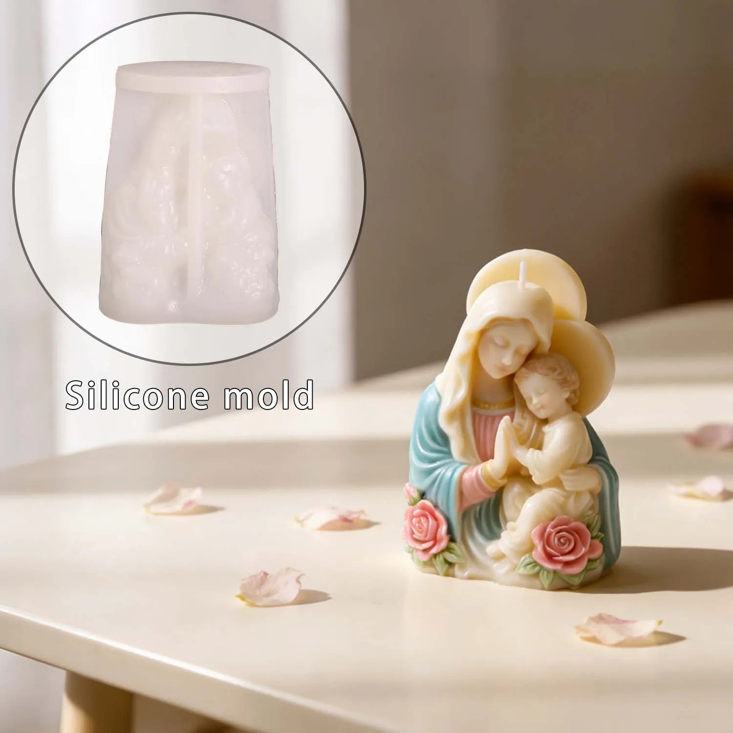 Virgin Mary Baby Jesus Silicone Mold 3D Religious Candle Soap Resin Mold Rose Accents Sacred Heart Easter Christmas Home Decor