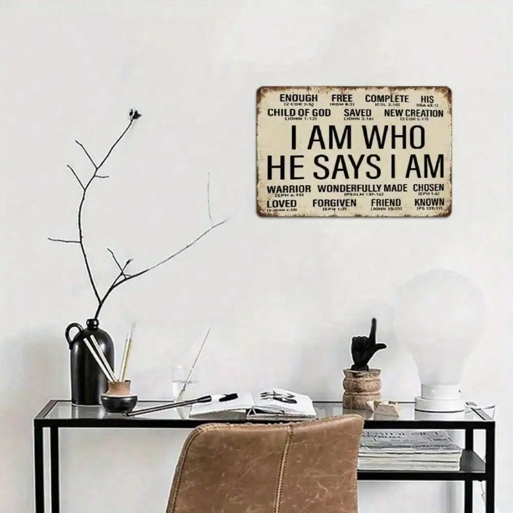 Tin Sign "I AM WHO HE SAYS I AM" Christian Metal Wall Decor with Bible Verses Rustic Distressed Home Office Church Art