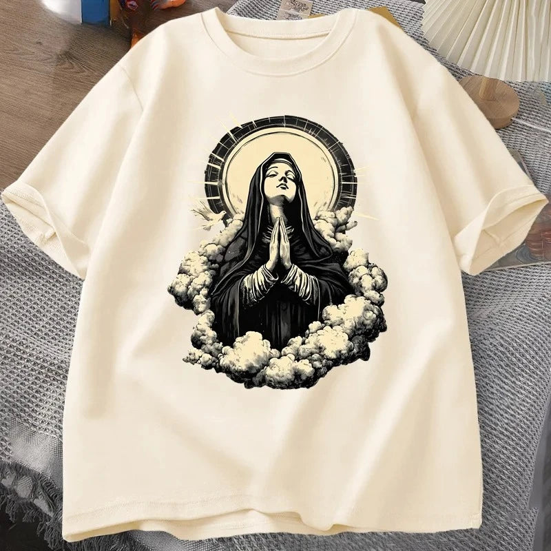 Christian T Shirt Virgin Mary Graphic Tshirt Faith Unisex Tee Christmas or Easter T-shirt Tee Shirt Cotton Short Sleeve Clothes