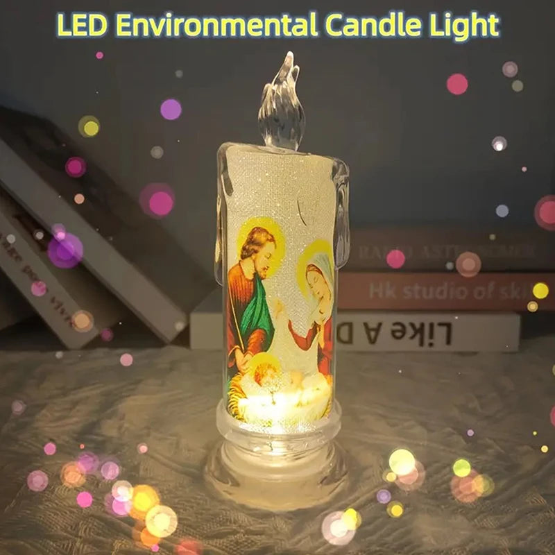 Flameless LED Prayer Candle with Jesus & Virgin Mary - Decorative Religious Night Light for Home Altar or Gift