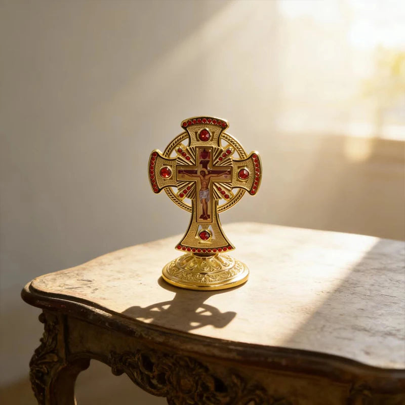 Exquisite Red Crystal Inlaid Gold Orthodox Desktop Cross Standing Crucifix for Christian Devotion Home Decor and Faith Collectio