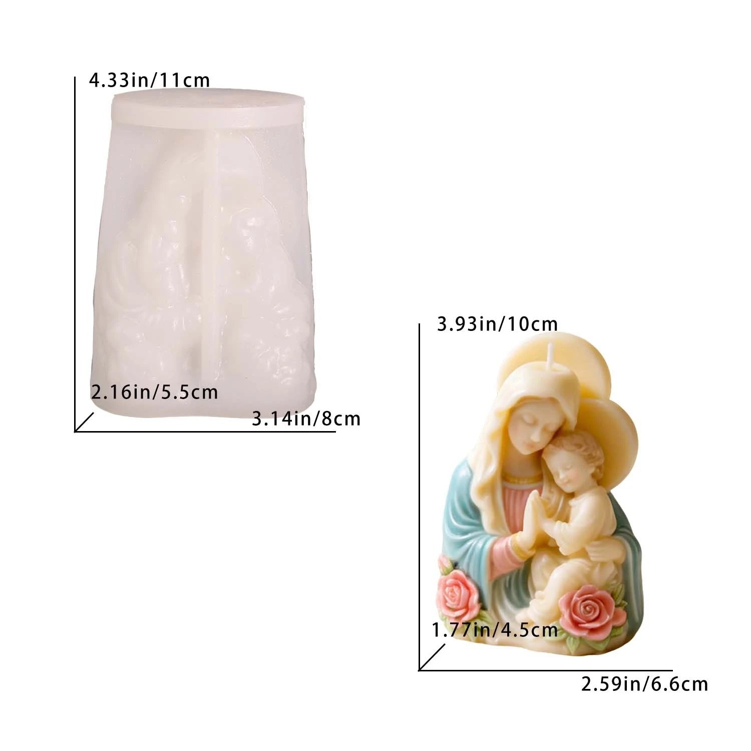 Virgin Mary Baby Jesus Silicone Mold 3D Religious Candle Soap Resin Mold Rose Accents Sacred Heart Easter Christmas Home Decor