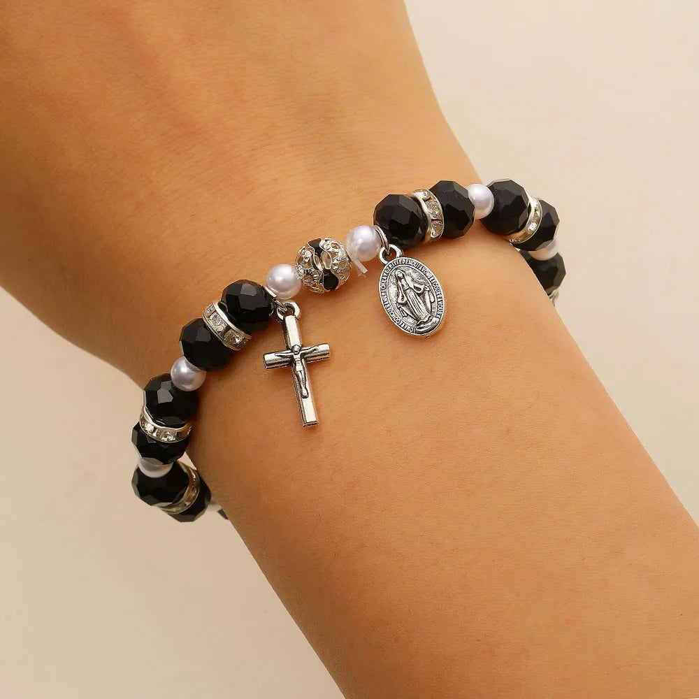 Christian Crystal Pearl Bracelet Jesus Cross Virgin Mary Pendant Religious Jewelry for Women Boho Y2K Prayer Wrist Jewelry Gift