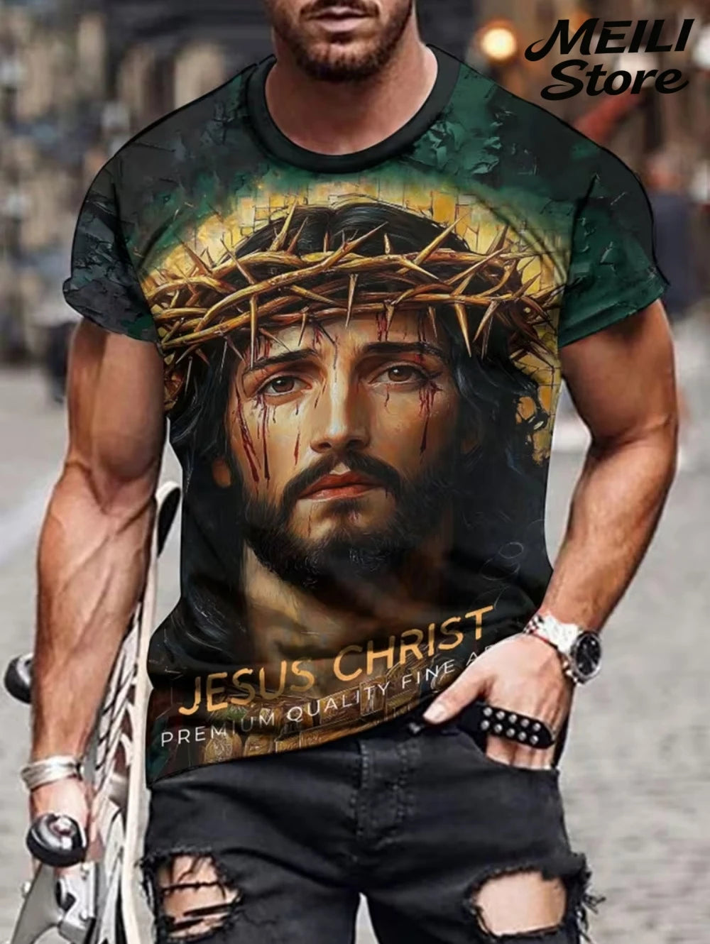 Men's 3D Jesus Print T-Shirt Short Sleeve Casual Crew Neck Praying Hands Design T Shirt for Men New in Oversized Tee Shirt Tops