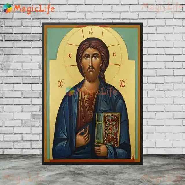 Christ Blessing Icon Orthodox Pantocrator Wall Art Unframed Canvas Painting for Church Room Decor