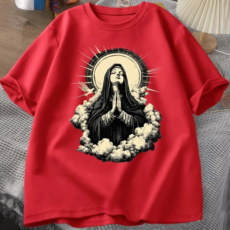 Christian T Shirt Virgin Mary Graphic Tshirt Faith Unisex Tee Christmas or Easter T-shirt Tee Shirt Cotton Short Sleeve Clothes