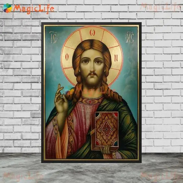 Christ Blessing Icon Orthodox Pantocrator Wall Art Unframed Canvas Painting for Church Room Decor