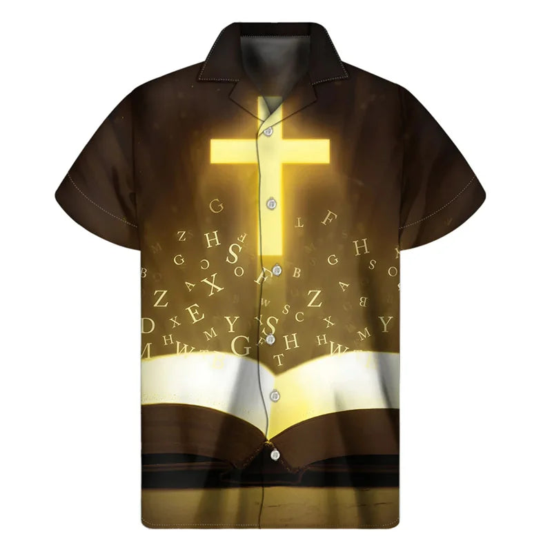 Christian Cross Religious 3D Print Hawaiian Shirts Men Summer Jesus Lapel Button Shirt Fashion Loose Short Sleeves Tops Blouse