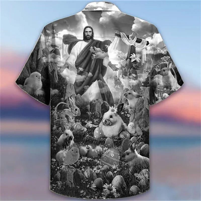 Jesus Christ Animal Shirts For Men Hawaiian 3d Printed Pattern Christians Mary Crucified Breathable Beach Casual Short Sleeved