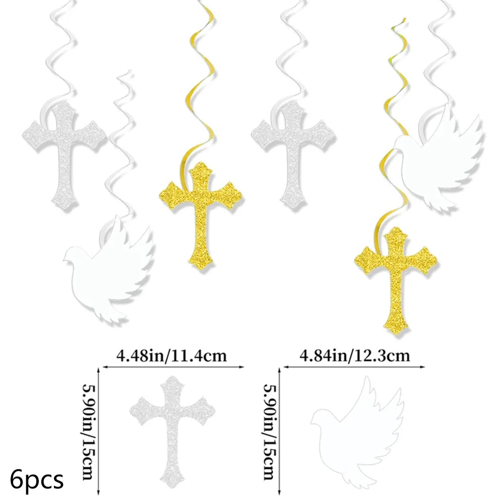 Religious Party Decor Set First Communion Baptism Hanging Swirls & Wooden Confetti Cross Dove Star for Christian Party Supplies
