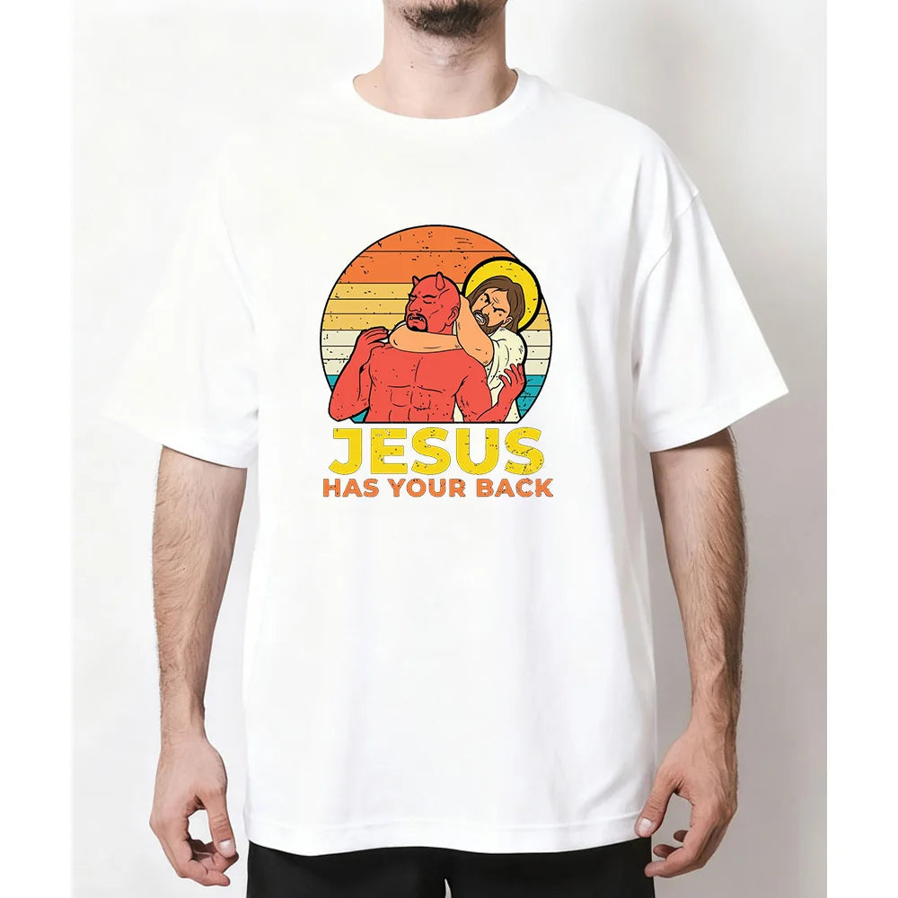 Jesus Has Your Back Jiu Jitsu Retro Christian Funny T-shirt Woman Man Summer O-neck Breathable Graphic T Shirts Casual Tops