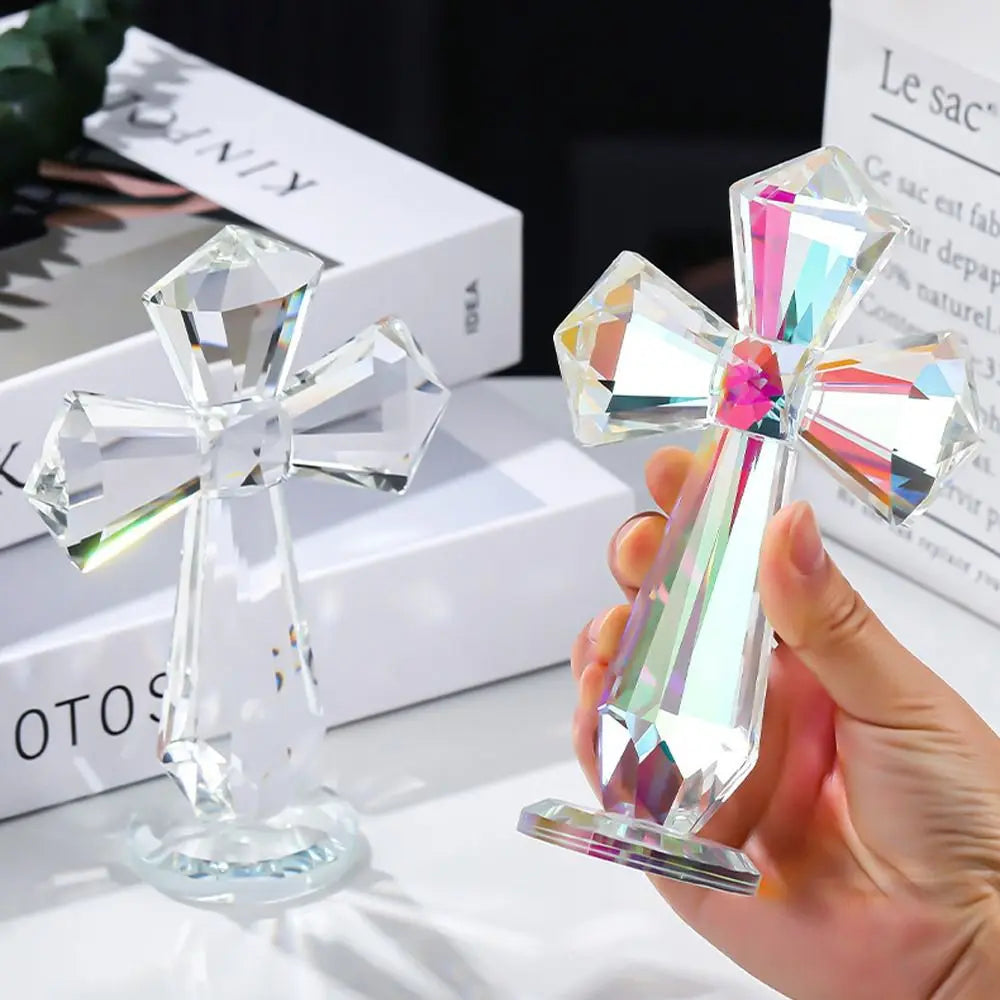 Creative AB Color Crystal Cross Ornament Standing Handmade Christian Cross Crafts Exquisite Crosses Figurine Religious Gift