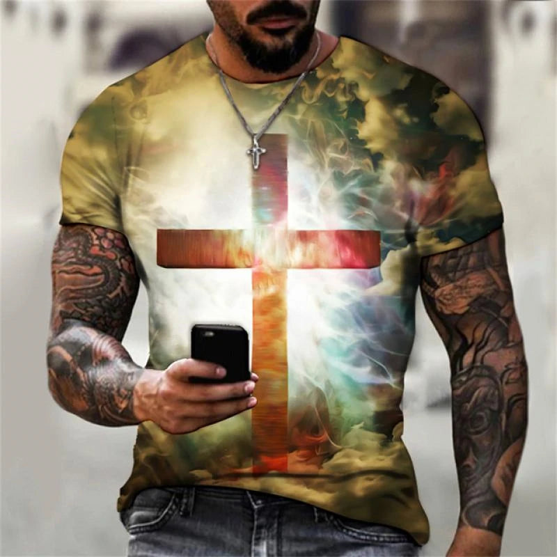 3D Print Christian T Shirts Oversized Tee Shirt Gothic Jesus Christ Cross O-Neck Tops Vintage Hip Hop Short Sleeve Men Clothing