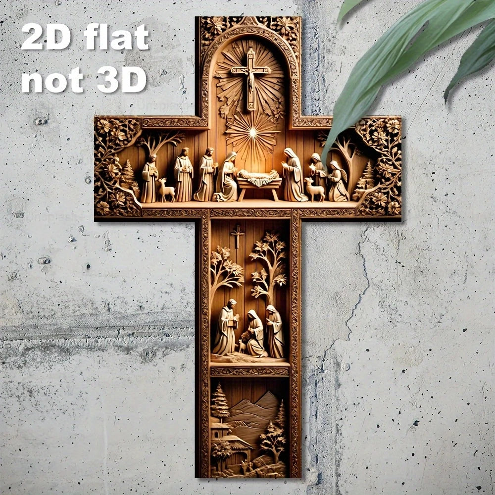 2D Flat Cross-Shaped Wall Decoration Jesus Christ Recycled Wood Christian Religion Artistic Scene Home Decor Faith-Based Design