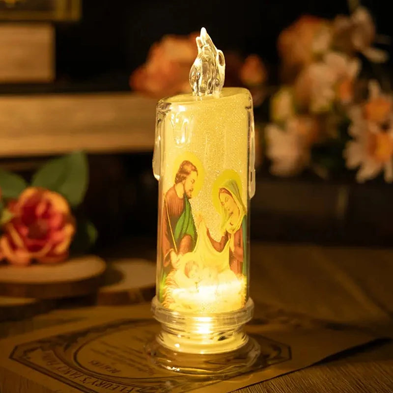 Flameless LED Prayer Candle with Jesus & Virgin Mary - Decorative Religious Night Light for Home Altar or Gift