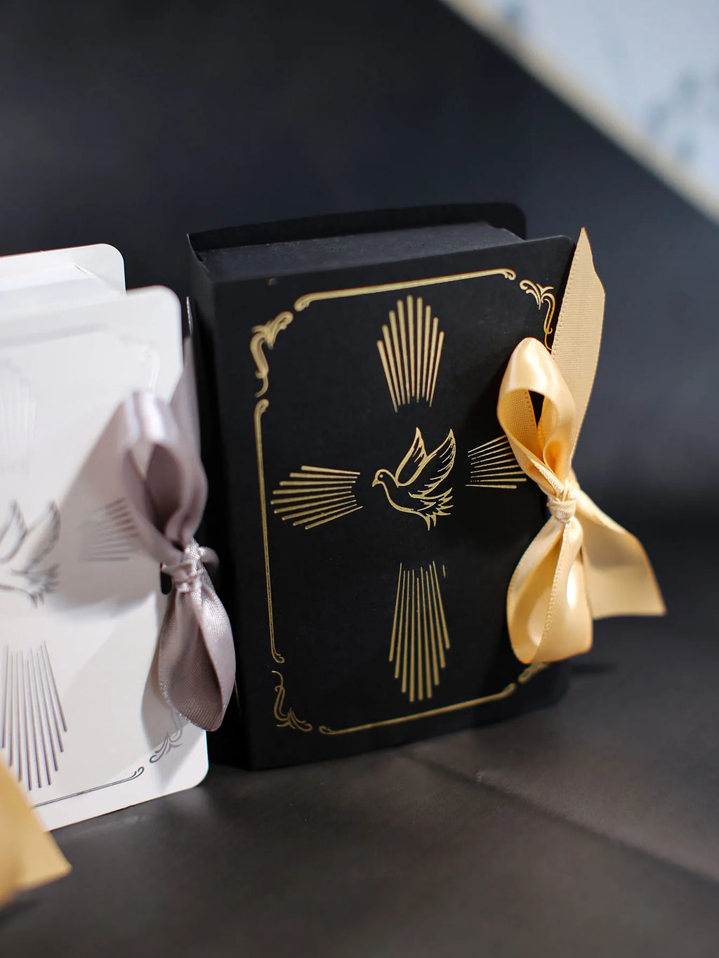 Christian baptism gift box, gold and silver ribbons, a dove in the cross pattern, baptism candy box, sacred baptism