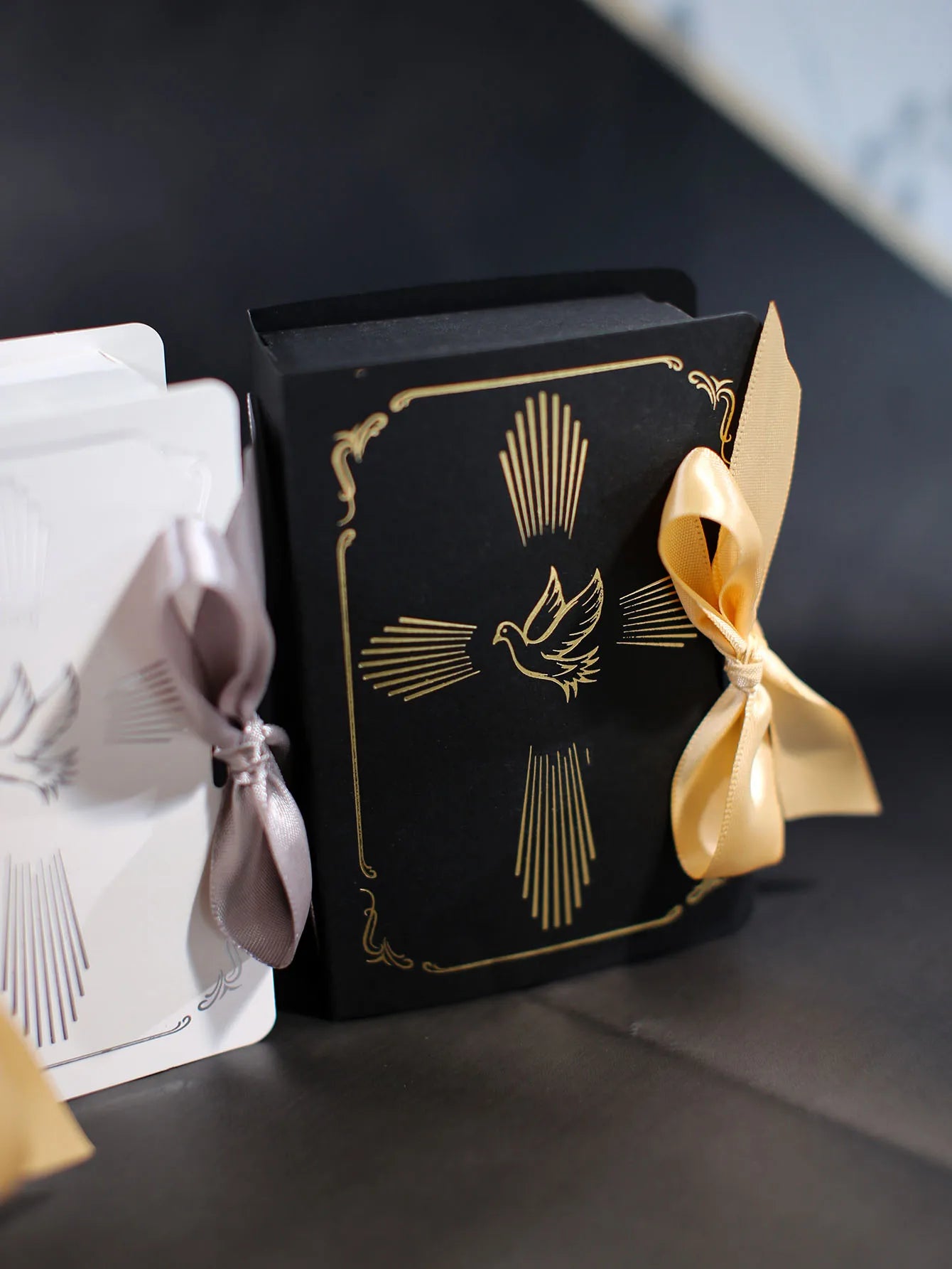 Christian baptism gift box, gold and silver ribbons, a dove in the cross pattern, baptism candy box, sacred baptism