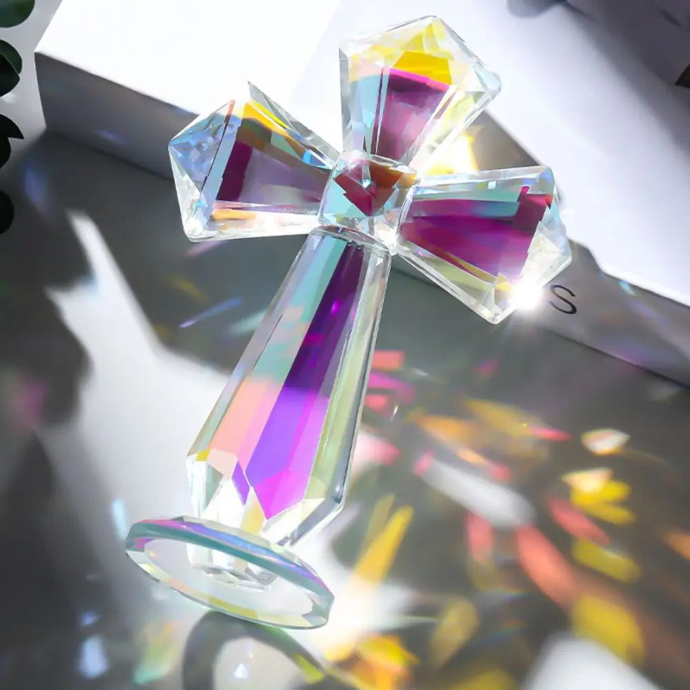 Creative AB Color Crystal Cross Ornament Standing Handmade Christian Cross Crafts Exquisite Crosses Figurine Religious Gift