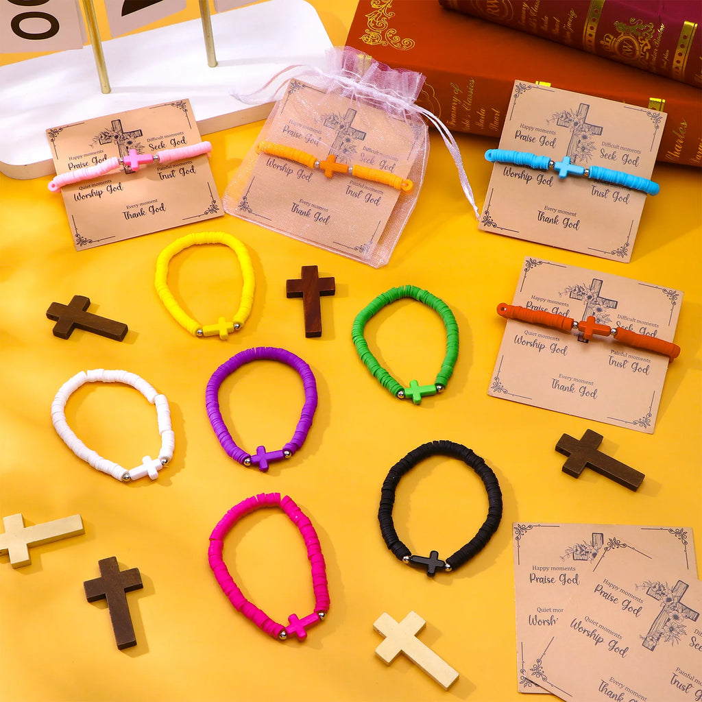 20 Sets Christian Gifts for Women Wen Cross Bracelets Bulk Jesus Friendship Bracelets with Cards Elastic Polymer Clay Beaded