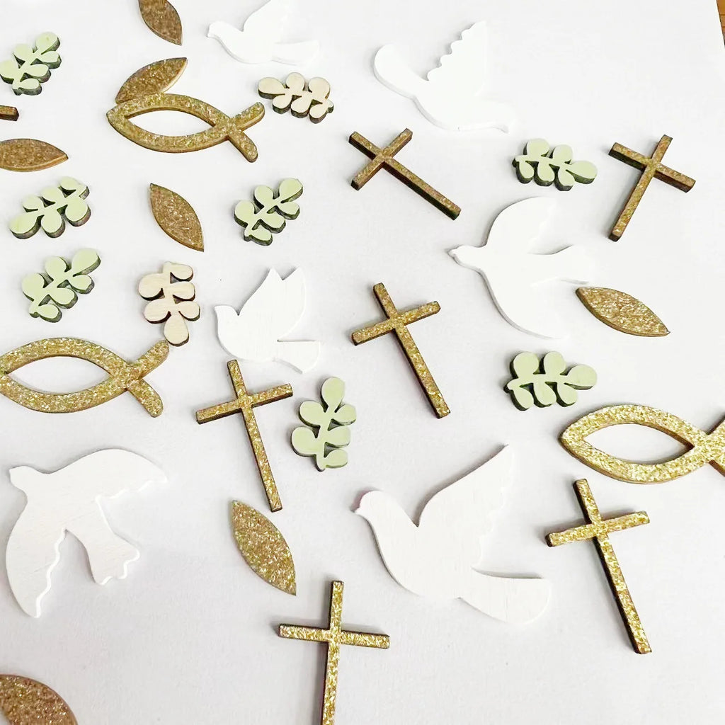 Religious Party Decor Set First Communion Baptism Hanging Swirls & Wooden Confetti Cross Dove Star for Christian Party Supplies