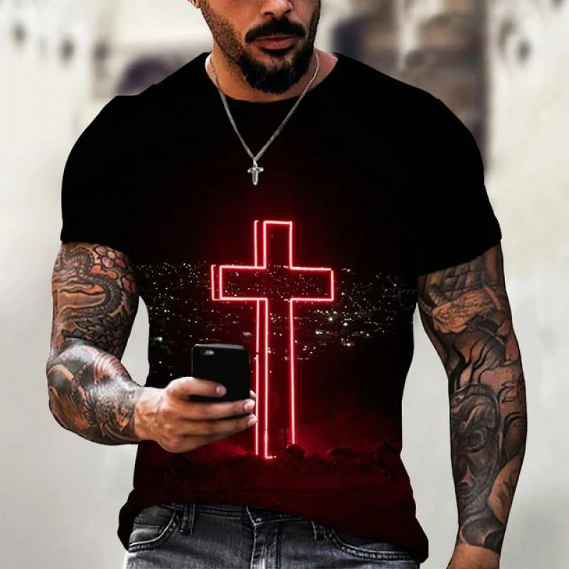 3D Print Christian T Shirts Oversized Tee Shirt Gothic Jesus Christ Cross O-Neck Tops Vintage Hip Hop Short Sleeve Men Clothing
