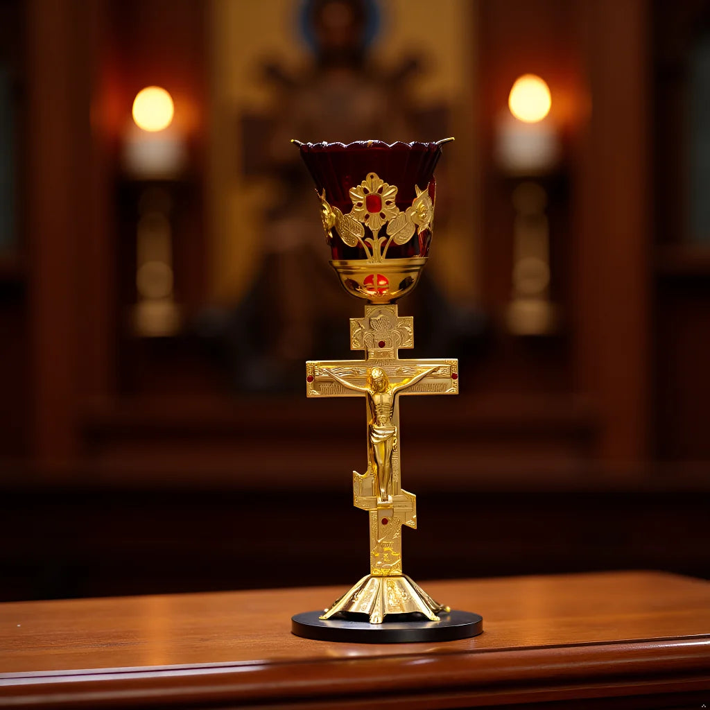 Christian Oil Lamp with Chalice and Crucifix, Zinc Alloy Red Glass Wick Holder, Religious Home Altar, Church Decor