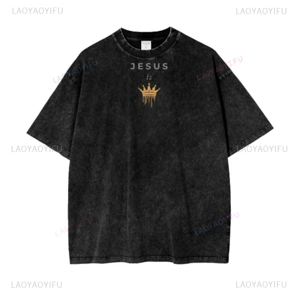 Jesus Is King Acid Wash Cotton Graphic T Shirts Woman Man Christian Tshirt Fashion Summer Casual Outdoors Streetwear Clothes